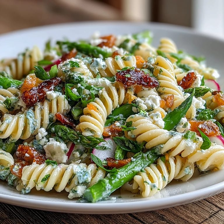 Crisp radishes, tender asparagus, and sugar snap peas tossed with pasta in a bright lemon vinaigrette—this spring salad bursts with fresh flavors.