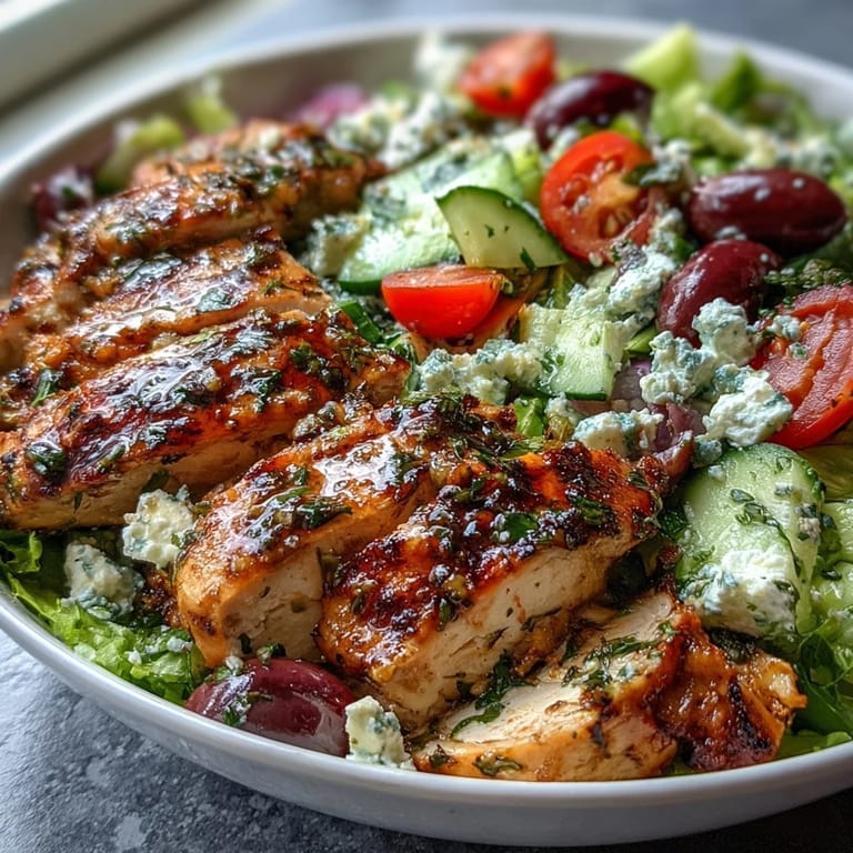 Grilled chicken breast slices atop a vibrant Greek salad with crisp lettuce, tomatoes, cucumbers, and Kalamata olives.  