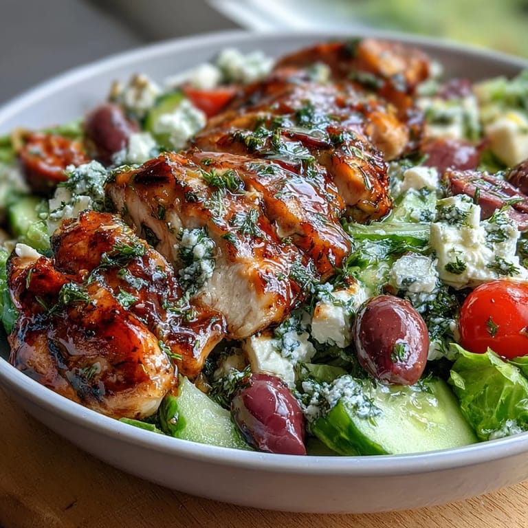 A hearty Greek salad bowl featuring juicy grilled chicken, creamy feta, and a zesty lemon-oregano dressing.