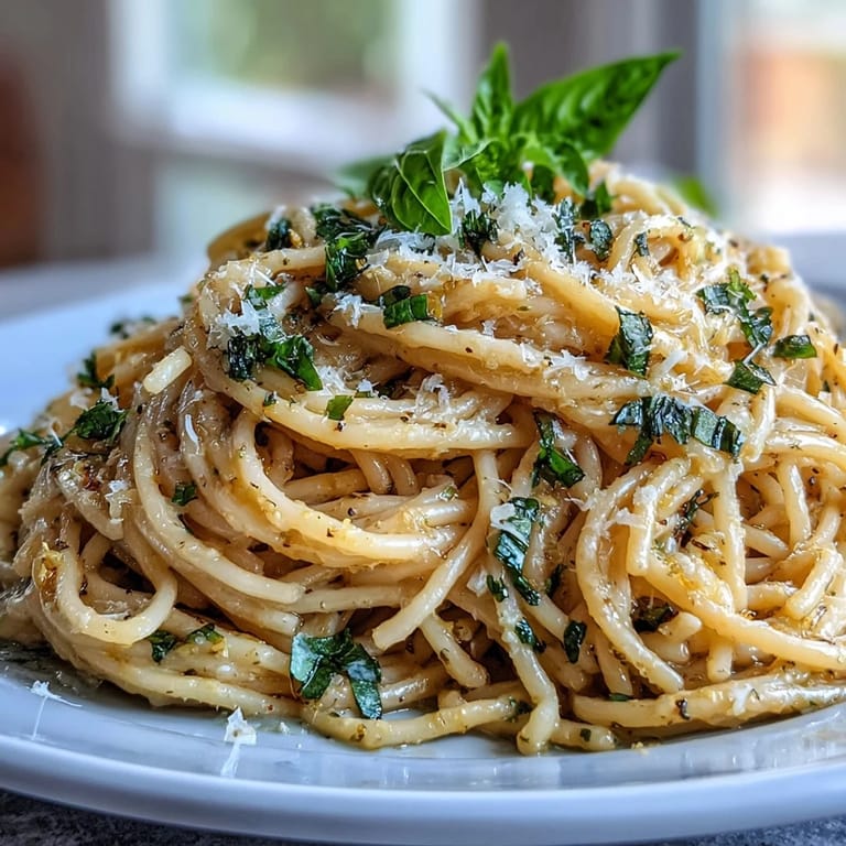 Close-up of Spring Pasta Limone topped with torn basil, showcasing its glossy texture.