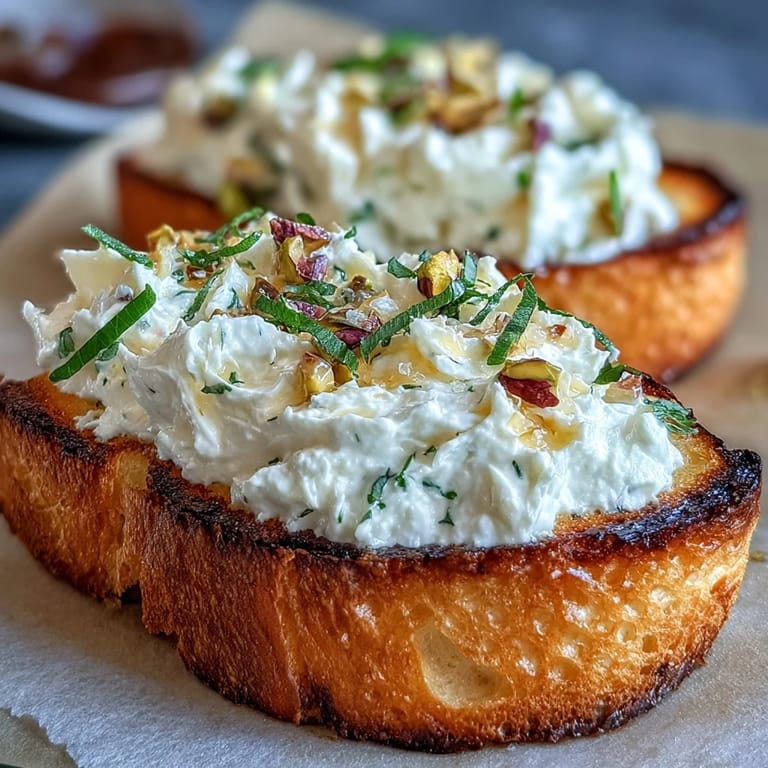 Golden toasted bread piled high with fluffy whipped ricotta, a delightful sweet and nutty bite.