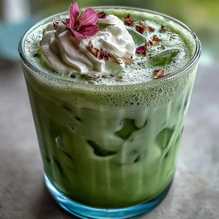 Refreshing Mother's Day iced matcha latte, perfectly layered and frothy.