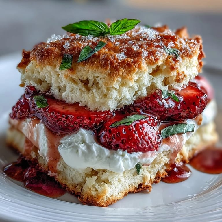 Stacked Strawberry Basil Shortcake Biscuits featuring macerated strawberries and fluffy whipped cream.