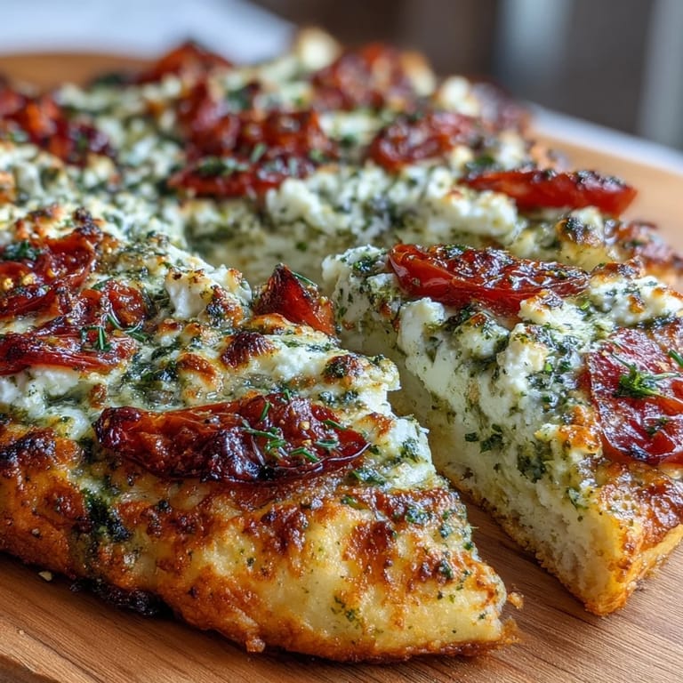 Golden Viral Cottage Cheese Flatbread topped with fresh basil and a cheesy pesto.