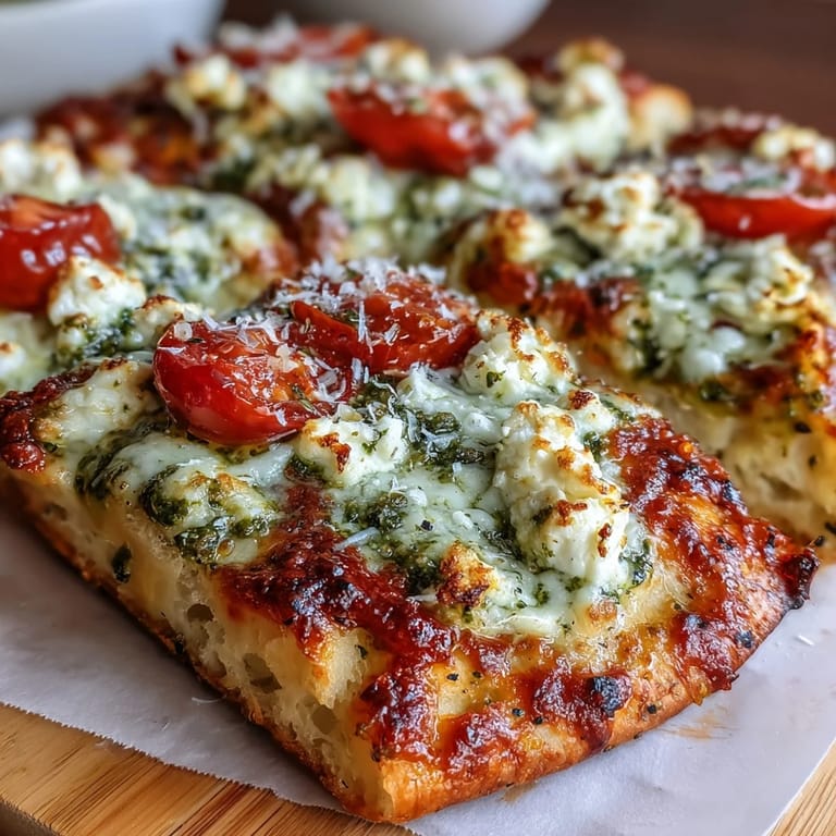 Cheesy, high-protein flatbread loaded with pesto and cherry tomatoes, ready to enjoy.