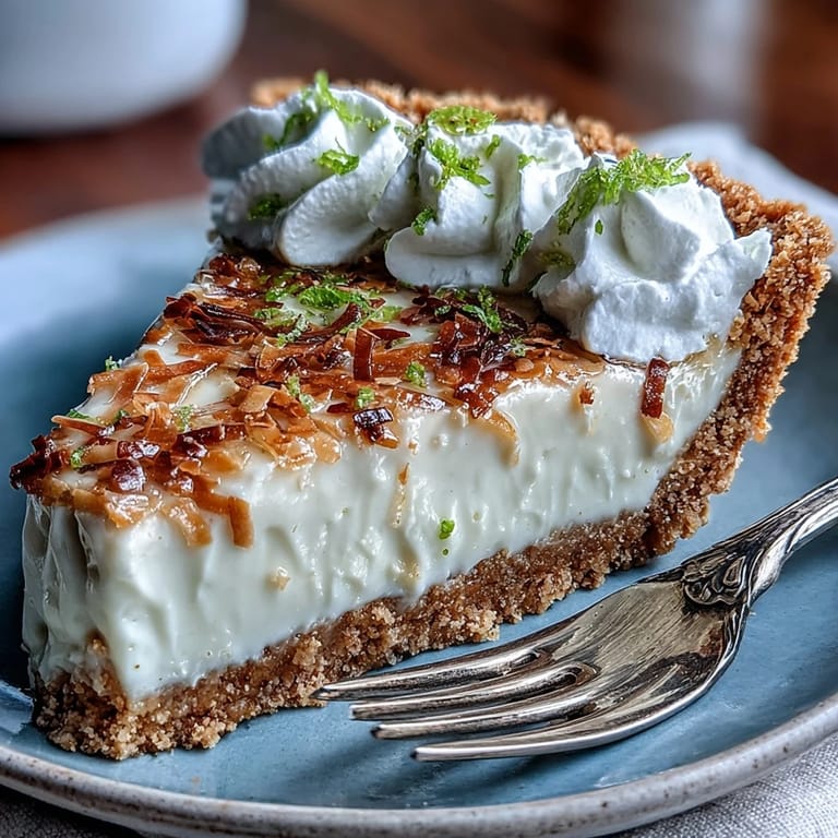 Close-up of a creamy coconut lime tart topped with fresh zest.