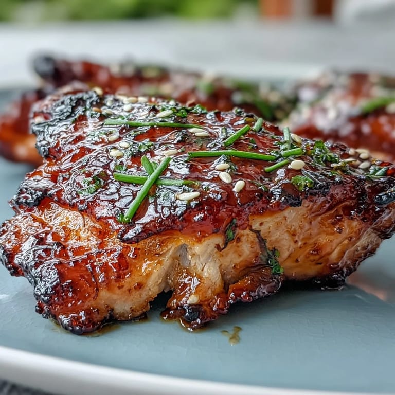 Oven-baked soy glazed chicken thighs, juicy meat coated in a sweet, savory sauce.