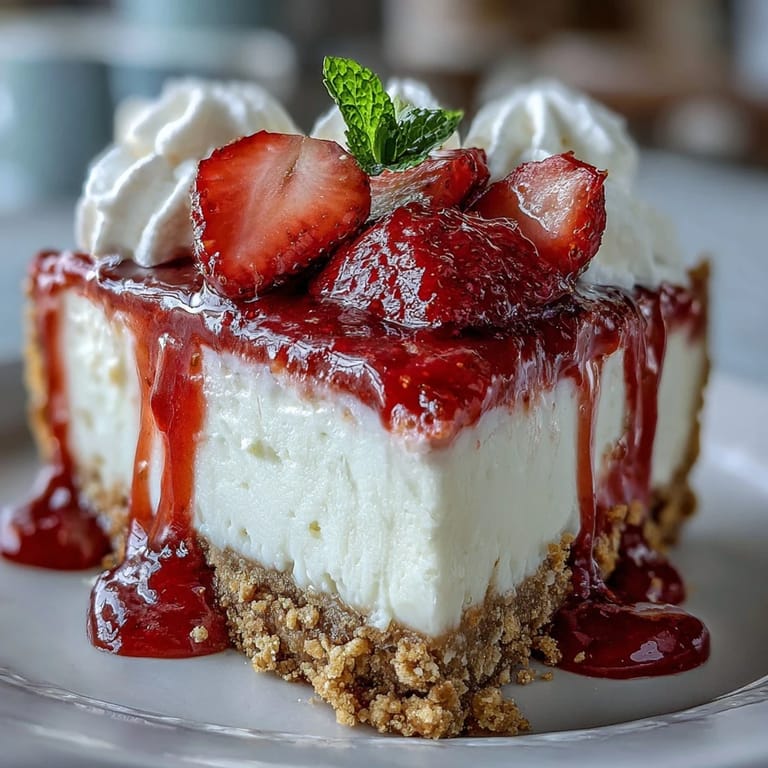 Decadent No-Bake Strawberry Cheesecake, perfectly chilled over graham cracker crust.