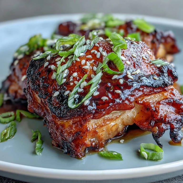 Close-up of tender soy glazed chicken thighs, hot from the oven, ready to serve.