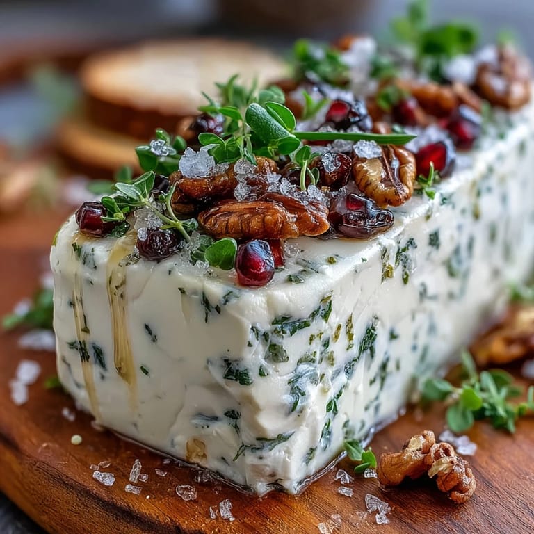 A creamy, herb-infused butter board adorned with pomegranate and nuts, perfect for entertaining.