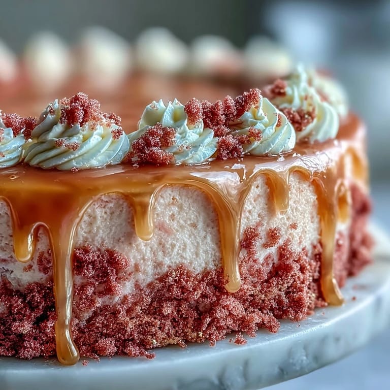 Close-up of Bridal Shower Rosé Velvet Cake's delicate pink layers and golden shine.