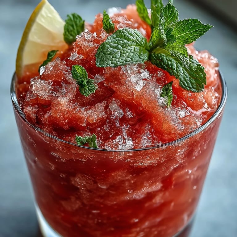 Close-up of a bright watermelon lemonade slushie, garnished with mint and citrus.