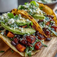 Warm corn tortillas filled with roasted sweet potato cubes, black beans, red cabbage, avocado, and cilantro.  