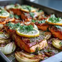A close-up of One-Pan Roast Salmon With Leeks, Onions, and Parsley Dressing, garnished with fresh lemon slices and vibrant green herbs. 