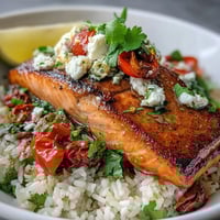 Golden pan-seared Mediterranean Salmon Bowl with crispy rice, vibrant peppers, and crumbled feta.