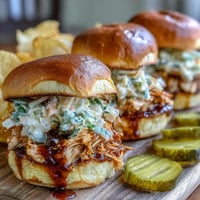4th of July BBQ Chicken Sliders with Coleslaw: juicy pulled chicken in smoky BBQ sauce, topped with crisp, tangy coleslaw on soft toasted buns.