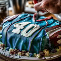 Graduation Sports Jersey Cake decorated with fondant in vibrant team colors, featuring a personalized number and name for a festive celebration.