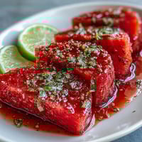 Watermelon slices with Tajin and lime make a zesty, refreshing summer snack with vibrant red color and a citrusy kick.