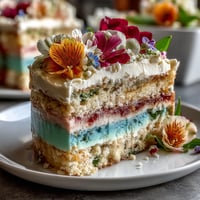 Delicate ombre pastel spring cake with soft pink, yellow, and green layers, crowned with a vibrant edible floral topper.