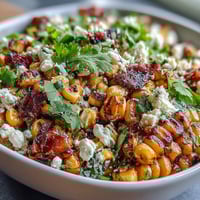 Vibrant Mexican street corn salad with charred corn, creamy dressing, and Cotija cheese in a colorful bowl.  