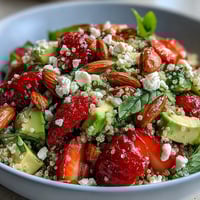 Fresh strawberry avocado quinoa salad with creamy avocado and juicy berries in a bright citrus dressing.  