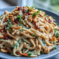 Vibrant Thai Peanut Noodle Salad with colorful crisp vegetables and crunchy peanuts.
