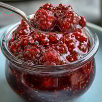 Vibrant raspberry lemon chia jam, glistening and perfect for toast.