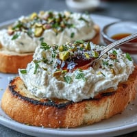 Whipped ricotta bruschetta boasts creamy goodness on toasted bread, topped with honey and pistachios.