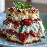Golden Strawberry Basil Shortcake Biscuits piled high with fresh berries and cream.