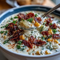 Hearty Cabbage Corn Chowder, creamy with smoky bacon and fresh parsley garnish.